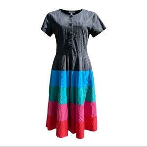 Vintage 80s Colorblock Midi Dress Cotton Rainbow Button Up USA Size Small Alicia